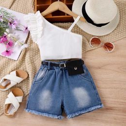Clothing Sets Summer Toddler Girls Sleeveless Solid Color Ruffles Tops Denim Shorts Pocket Three Piece Hip Hop Dance Clothes Pant