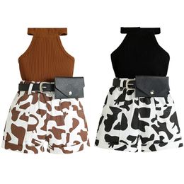 Summer Clothing Set Outfits for Girls Kids Ribbed Tank Top and Cow Shorts Children Costumes Clothes Sets with Belt Bag