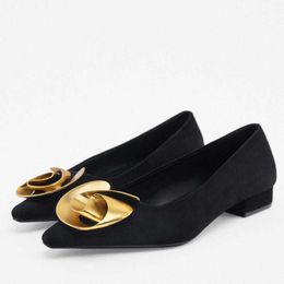 Sandals Women Black Pointed Toe Ballet Flats Fashion Metal Flower Shoes Woman Suede Casual Office Lady Single 230406