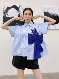 Women's Blouses Bow Design Cartoon Print Shirt Lapel Single Breasted Short Sleeve Irregular Fashion Woman Top 2023 Summer M385