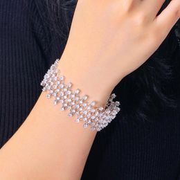 Link Bracelets BeaQueen Shiny Round CZ Stones Nets Charm For Women Evening Party Silver Colour Wide Big Bangle Brides Gifts B250