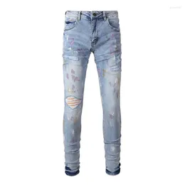 Men's Jeans Light Blue Distressed High Streetwear Stretch Slim Fit Painted Graffiti Ripped