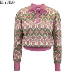 Women's Sweaters Vintage Floral Jacquard Bow Neck Women Sweater Pullover Autumn Winter Long Sleeve Knitwear Tops Jumper Pull Femme Sueter