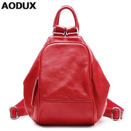 School Bags AODUX Genuine Leather Women White Yellow Red Backpack Top Layer Cowhide Ladies Bag First Layer Cow Leather Backpacks Bags 230422