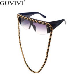 Sunglasses Steampunk Leather Knit Chain Sunglasses Vintage SemiRimless Oversize Square Eyeglasses Wide Leg Goggle Gradient UV400 Shades J230422