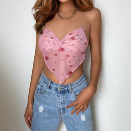 Women's Tanks Ladies Summer Sexy Crop Cami Top Floral Printing See Through Irregular Hem V-neck Hanging Neck Slim Backless Camisole Y2k