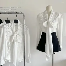 Women's Blouses White Black Bow Tie French Pleated Shirt Top 90S Spicy Girl Y2K Autumn Dress Casual Organ Ribbon