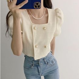 Women's Jackets Summer For Women 2023 Korean Fashion Chic Temperament Pearl Double-Row Buckle Loose Bubble Sleeves Tweed Crop Top ZZ661