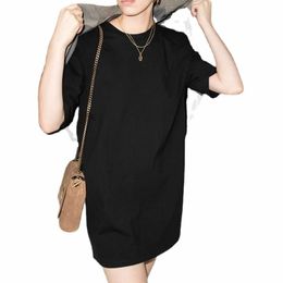 Women's T Shirts Summer Simple Short-sleeved Solid Colour Shoulder Pad Long Black Dress WomenWomen's