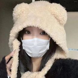 Berets Cute Bear Ear Wool Hat Winter Beanies Warm Lace-up Protection Knitted Bomber Cap Korea Women Gorros Knitting Bonnet