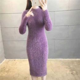 Basic Casual Dresses Women's Winter Clothing 2023 Imitation Mink Wool Thick Warm Turtleneck Sweater Dress Sheath Bodycon Dresses For Women CasualL23116