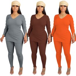 Designer Fall Winter Tracksuits Two Piece Sets Women Ribbed Outfits Long Sleeve V-neck Sweatshirt and Leggings Casual Solid Sweatsuits Bulk Wholesale Clothes 10383