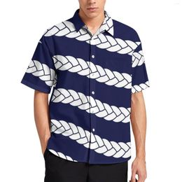 Men's Casual Shirts Nautical Braid Navy And White Print Beach Shirt Hawaiian Y2K Blouses Male Graphic Large Size