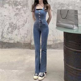 Jeans da donna Slim WideLeg Flare senza spalline Tuta di jeans monopetto Pantaloni autunnali High Street alla moda 230422
