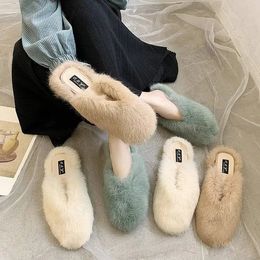 Slippers Autumn and Winter Online Red Fur Slippers for Women Outwear Fashion Korean Edition Baotou Rabbit Hair Cotton Slippers 231123