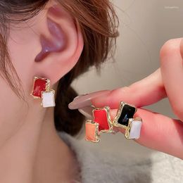 Stud Earrings Double Layers Dripping Oil Square For Women Fresh Design Sweet Simple Versatile Party Jewelry