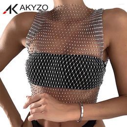 Women's Tanks Sexy Diamonds Mesh Cropped Y2K Tank Top Women Summer Cover Up Bikini See Through Rhinestone Net Party Club Crop