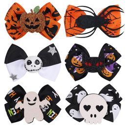 Halloween Decoration Grosgrain Ribbon Hair Bows For Baby Girls Ghost Pumpkin Pinwheel Hair Clips Hair Accessories