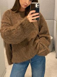 Women S Mohair Solid Sweater Pullover Fashion Round Neck Long Sleeves Soft Jumper Autumn Winter Loose Knitwear