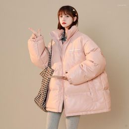Women's Trench Coats Hong Kong Style PU Leather Cotton Coat Women Winter Thick Stand Collar Bread Jacket Fashion Loose Solid Colour LR2132
