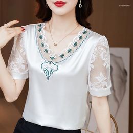 Women's Blouses Elegant Lace Embroidery Satin Silk Shirts Women Casual Loose Summer Short Sleeve Tops Black White V-Neck Party Blouse