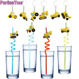 Other Event Party Supplies Construction Favours Truck Drinking Straws Excavator Bulldozer Keychains for Themed Birthday Decortions 230422