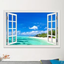 Wall Stickers Nature Picture Blue Sea And Sky Summer Landscape Removable Sticker Decal Wallpaper 3D Window View Room Decor