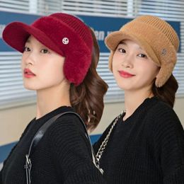 Berets Winter Warm Knitted Fleece Hat With Earflaps Women Empty Top Baseball Cap Thickened Thermal Ear Protection Sports Visor Hats