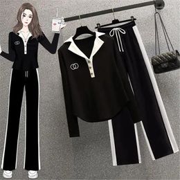 Women's Two Piece Pants Big Size Korean Tracksuit Ensemble Femme 2 Set Women Outfits Casual Long Sleeve Polo Shirt And Wide Leg Sweatpants