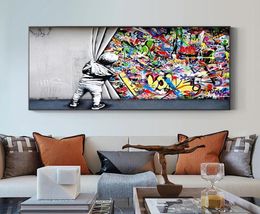 Behind The Curtain Canvas Paintings Graffiti Street Art Banksy Graffiti Art Cuadros Wall Art Pictures for Living Room Home Decor C5323753