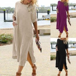 Casual Dresses Women Summer Dress Round Neck Loose Elegant Cotton Linen Retro Long Sleeve Slit Boho Beach Sundress