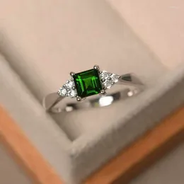 Cluster Rings Princess Cut Small Green Stone Square For Women Silver Colour Zircon Wedding Bands Simple Stacking Thin Ring Party Jewellery