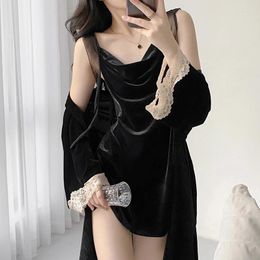 Women's Sleepwear Autumn Winter Women Nightgowns Long Sleeve Velvet Robe With Sling Dress 2 Piece Sets Female Leisure Nightwear Homewear