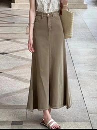 Skirts Long Trumpet Denim Skirt Women Vintage Casual Khaki High Waist Jeans Autumn 2023