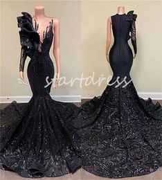 Sparkly Black Sequin Prom Dress For Black Girls African American Mermaid Evening Dress 2023 Formal Birthday Special Occasion Party Gown Elegant Vestidos De Fiesta