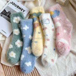 Cute Print Winter Warm Socks For Women Coral Fleece Middle Tube Socks Girl Female Thermal Slipper Sleep Floor Sock