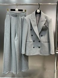 Womens Suits Blazers Autumn and Winter Grey Blazer Women Lapel Long Sleeve Double Breasted Big Flower Suit Coat Niche Coats 231123