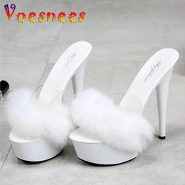 Slippers 15cm European and American Slippers Rabbit Hair Super High-heeled Shoes Slim-heeled Sexy Black Waterproof Platform Shoes 231123