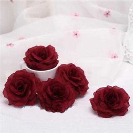 Other Fashion Accessories 10PCS 8cm Burgundy Artificial Rose Flower Head for Wedding Decoration Valentine's Day Gift DIY Rose Bear Wine Red Fake Flowers J230422