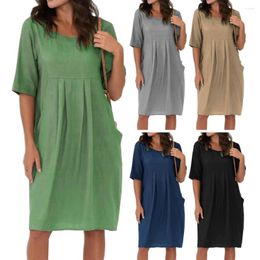 Casual Dresses Vintage Women With Pocket Round Neck Loose Short Sleeves Elegant Wear Plus Size Mid-Length Cotton Linen