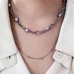 Chains Women Titanium Layered Twist Zodiac Necklace With Natural Grey Blue Baroque Pearl Stone Beads Ball Chain Tie Designer