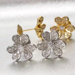 Stud Earrings Pure 925 Sterling Silver Brand Jewellery Ladies Lucky Clover Flowers Round Banquet Party Girl Gift