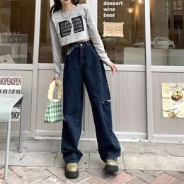 Hot Girl High Waist Baggy Jeans Woman Hole Vintage Streetwear Hip Hop Stylish Wide Leg Trouser Female Daily All Match Trendy