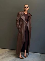 Women's Jackets RR2790 X Long Fake Leather Trench Coat Slim Belt Waist Back High Cut Up Long Sleeve Chocolate Faux 231123