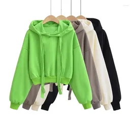 Women's Hoodies Women Sweatshirts Spring Autumn Drawstring Pullovers Loose Short Tops Exposed Navel Coat Students Green 2024