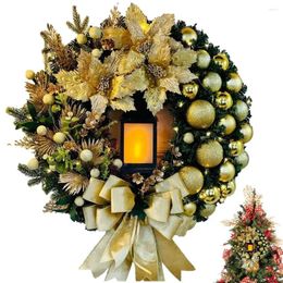 Decorative Flowers 30cm Christmas Wreath With Lantern Front Door Garland Large Bow Seasonal Ornament Decoration For Wall