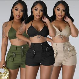 Women's Tracksuits Echoine Bra Backless Crop Top Shorts Set Two Piece Army Green Cargo Outfits Women Streetwear Fashion Summer Cloth