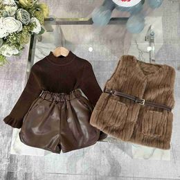 Luxury girl Tracksuit designer baby clothes Size 100-140 Faux fur vest Knitted fabric base shirt Leather shorts Nov25