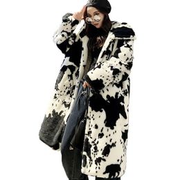 Women's Fur Faux 2023 Winter Parka Jacket Women Thickened Cow Pattern Hooded Coat Lengthened Oversize Overcoat Veste Fourrure Homme 231122