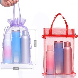 100pcs Jewellery cosmetic display bag wedding gift gauze organza bag with handle storage yarn Christmas tote package pouches 18 281242N